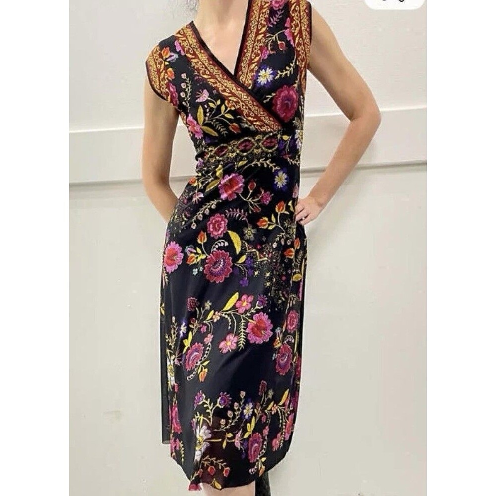 Fuzzi Floral Print Black Multicolored Surplice Midi Dress Sz XL Feminine Y2K